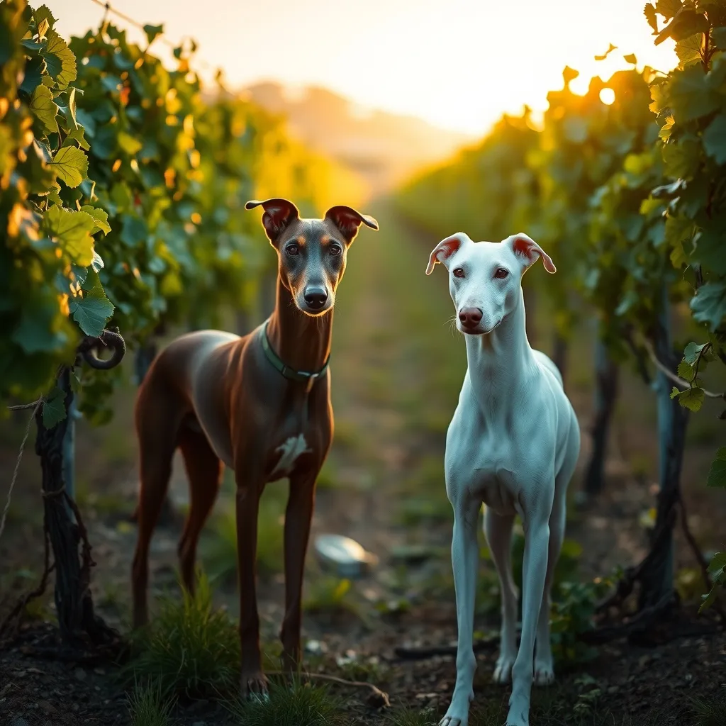 Los dos galgos de La Agustina entre las viñas